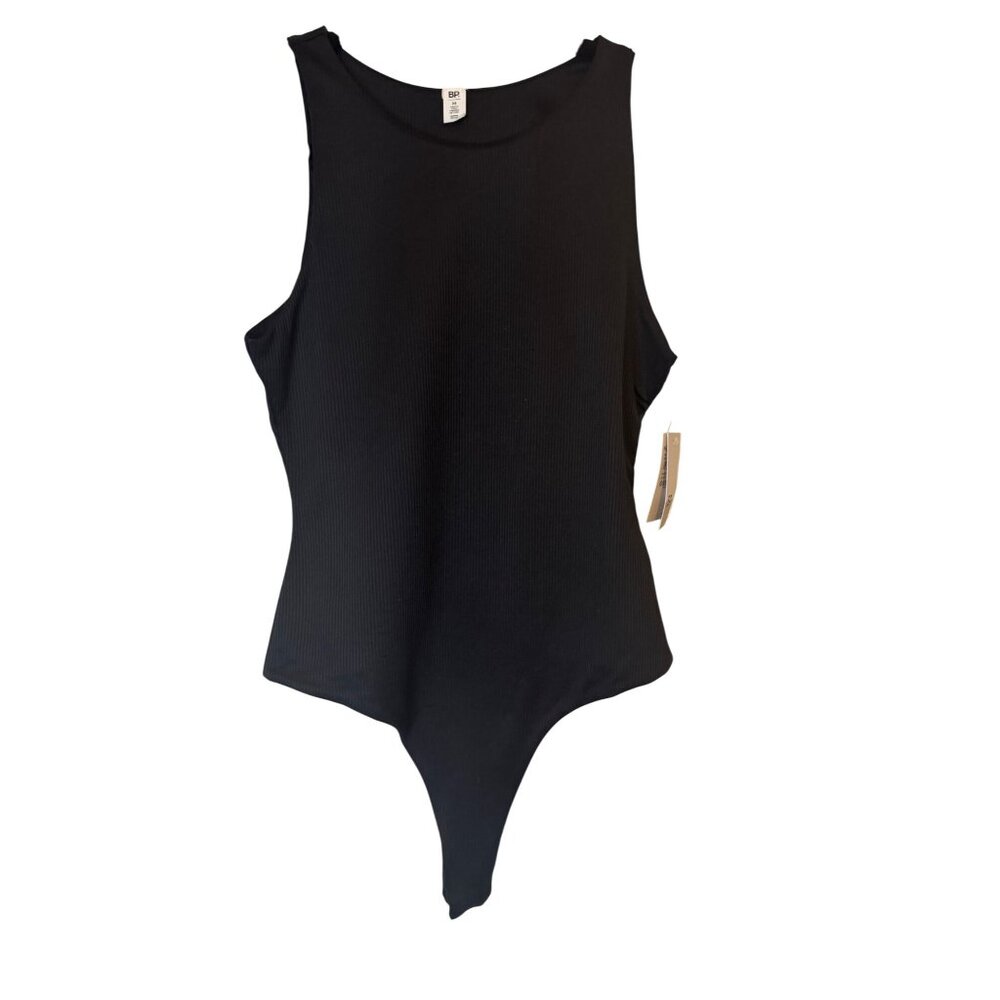 NWT BP. Black Ribbed Sleeveless Thong Bodysuit High-Cut Leg & Scoop Neckline